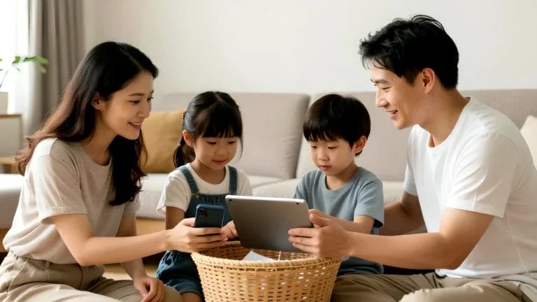 พ่อและแม่กำลังสอนวิธีการใช้ มือถือและแท็ปเลตให้ลูก